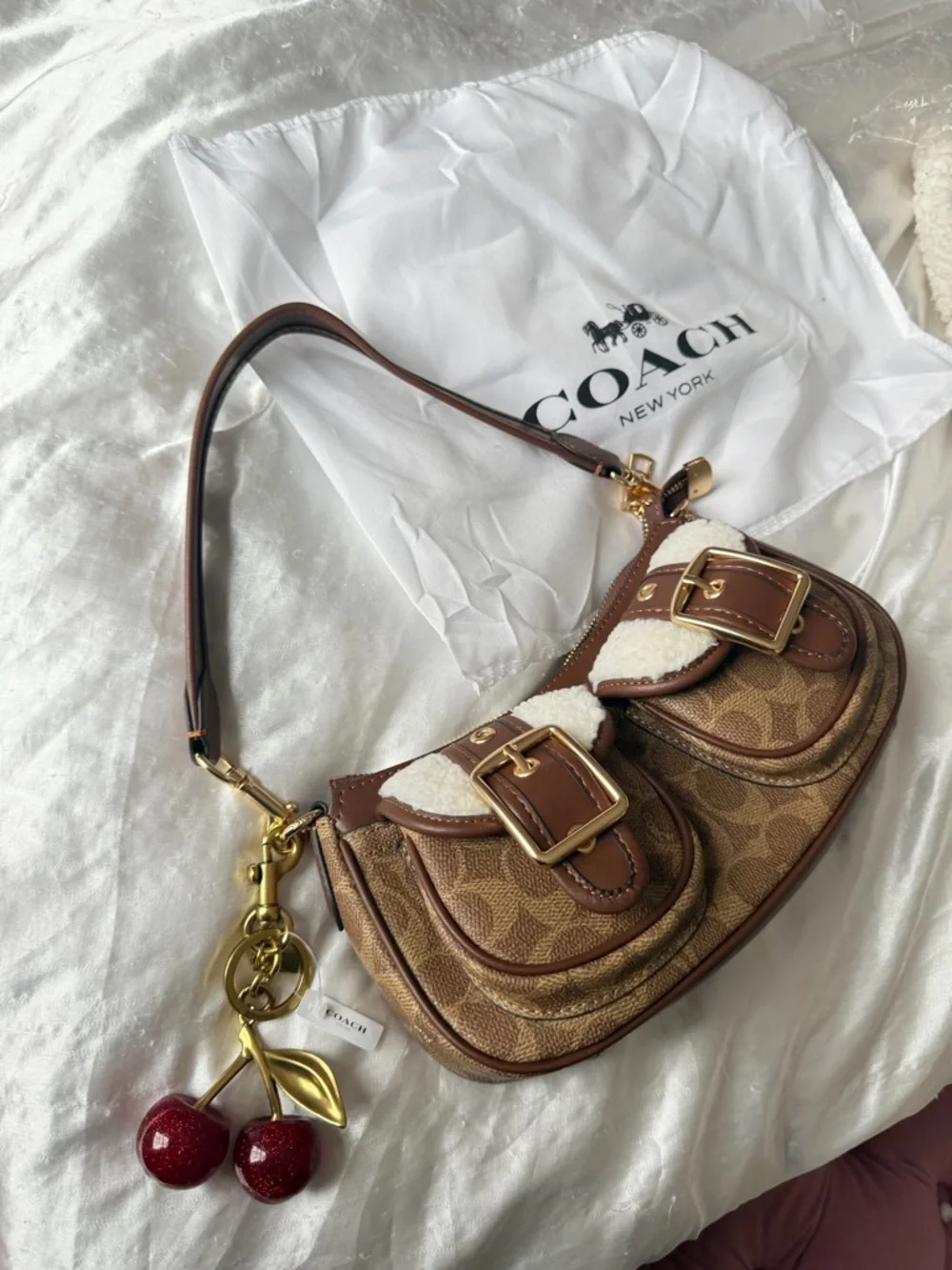 Coach Brown Ashton Signature Canvas Leather Shoulder Bag with Cherry Charm - Picture 7 of 8